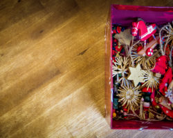 a box of Christmas ornaments