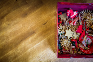 a box of Christmas ornaments