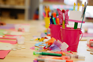 Colorful Arts and Craft Supplies on Table for School or Birthday Party