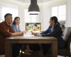 Parents meeting with their nanny at a dining table to discuss work goals and childcare needs during an annual review.