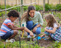 Governess gardening with two children, teaching hands-on spring learning and outdoor exploration