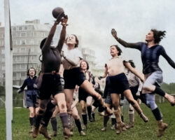Nettie Nettie Honeyball in action with other female soccer players.